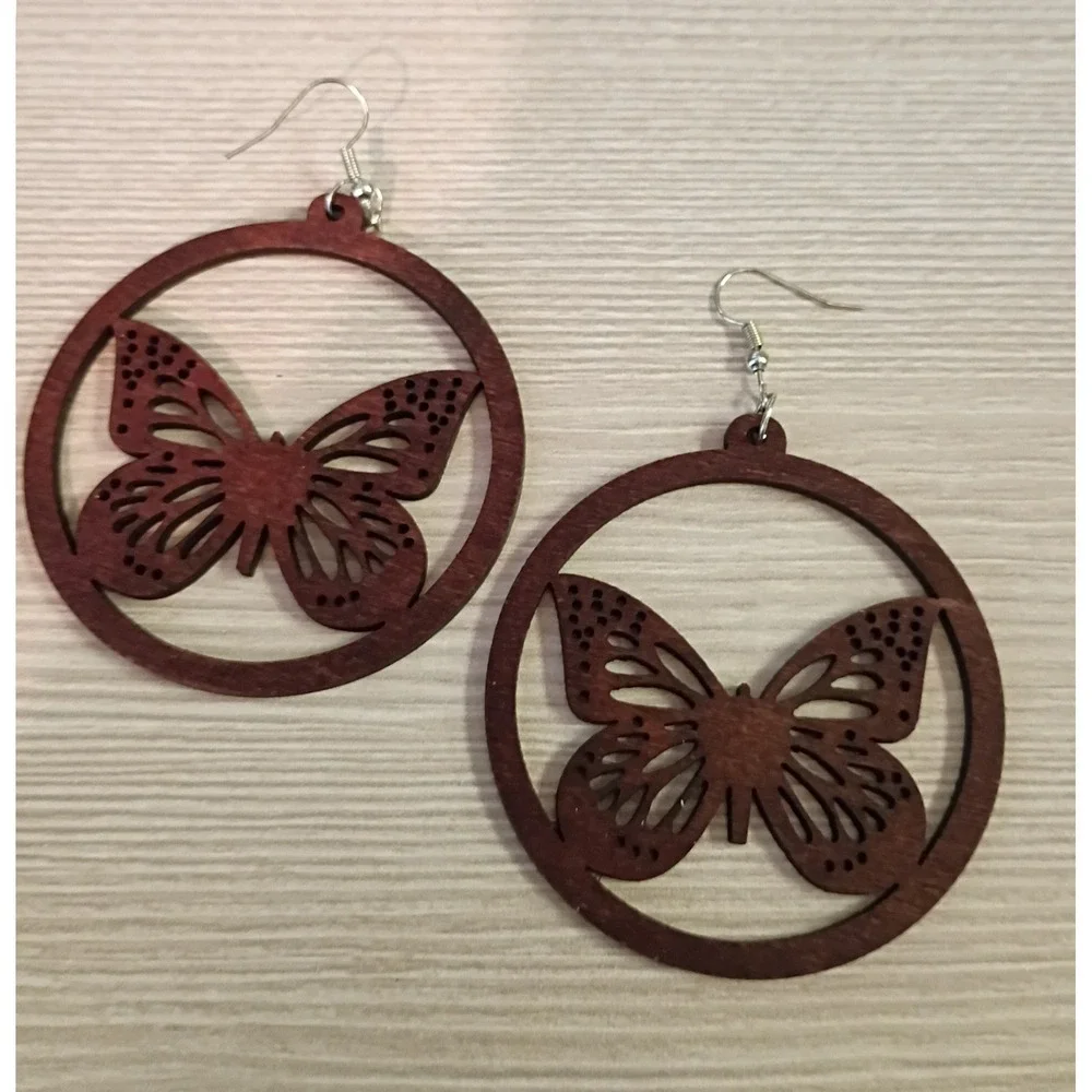 Wooden Butterfly Circle Drop Earrings Laser Cut Boho Mahogany‎ Brown Dangle